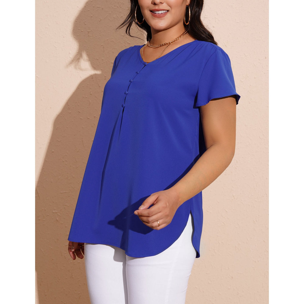 a.Jesdani Women¡¯s Plus Size V-Neck Blouse Casual Flowy Flutter Sleeve Tops with Button for Curvy Women M 4X