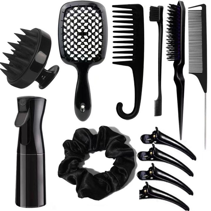 12pcs/Set Hair Styling Comb Set, Detangling Hair Brush For All Hair Types, Detangler Brush Teasing Hair Brush Rat Tail Comb Edge Brush, Silicone Scalp Massager Shampoo Brush For Shower Black