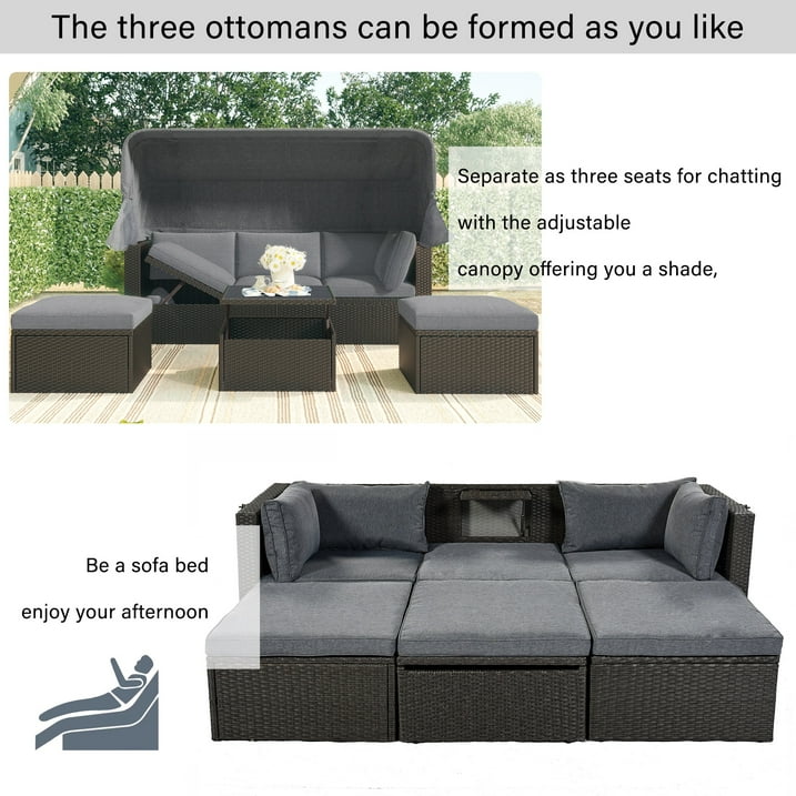 4 Piece Outdoor Daybed, PE Rattan Patio Daybed, Patio Sofa Set with Retractable Canopy, Cushions and Lifting Table, Patio Bed Furniture for Garden, Backyard, Gray