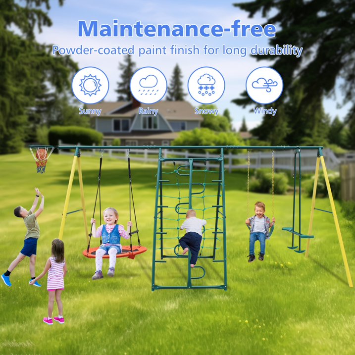 6in1 Swing Set for Outside, Heavy Duty A Frame Metal Swing Set with Glider, Basketball Hoop, Climbing Frame, Climbing Net, Hammock Swing and Belt Swing, Backyard Playground Set for Kids Age 3 12