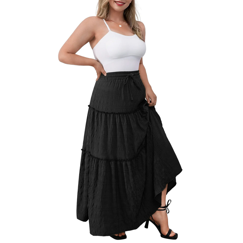 a.Jesdani Women Plus size Long Maxi Skirts Elastic High Waist A Line Ruffle Swing Beach Maxi Skirt L 4x