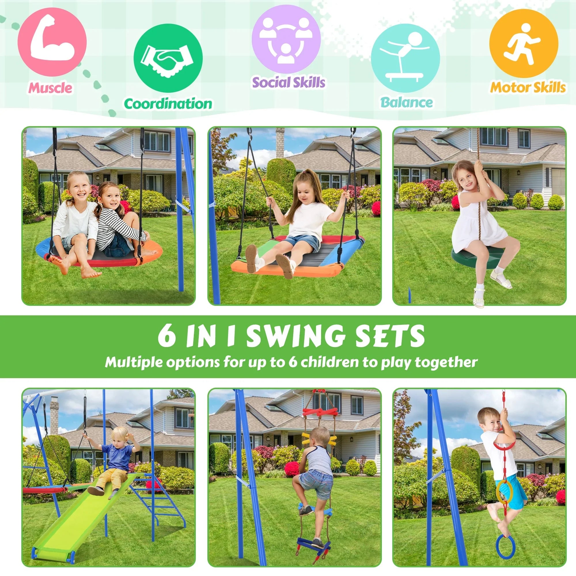 6 in 1 Swing Sets for Outside, SHINPT Playground Sets for Backyard with Climbing Rope Ladder, Disc Swing, Monkey Bar Swing, Slide and Climbing, Saucer Swing, Multifunctional Playset for Age 3 10