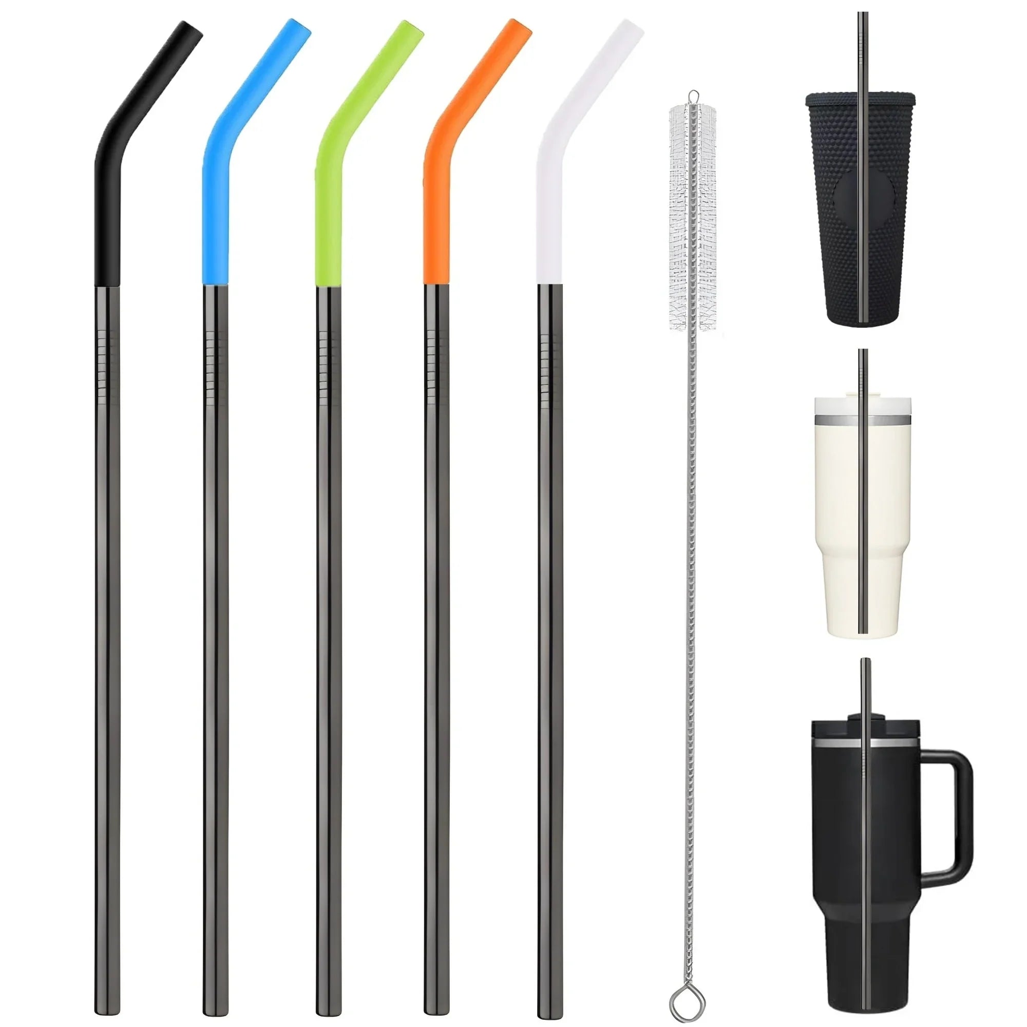 5PCS Metal Straws with Silicone Tip and Cleaning Brush,11.8 0.31 Reusable Stainless Steel Straw,Black