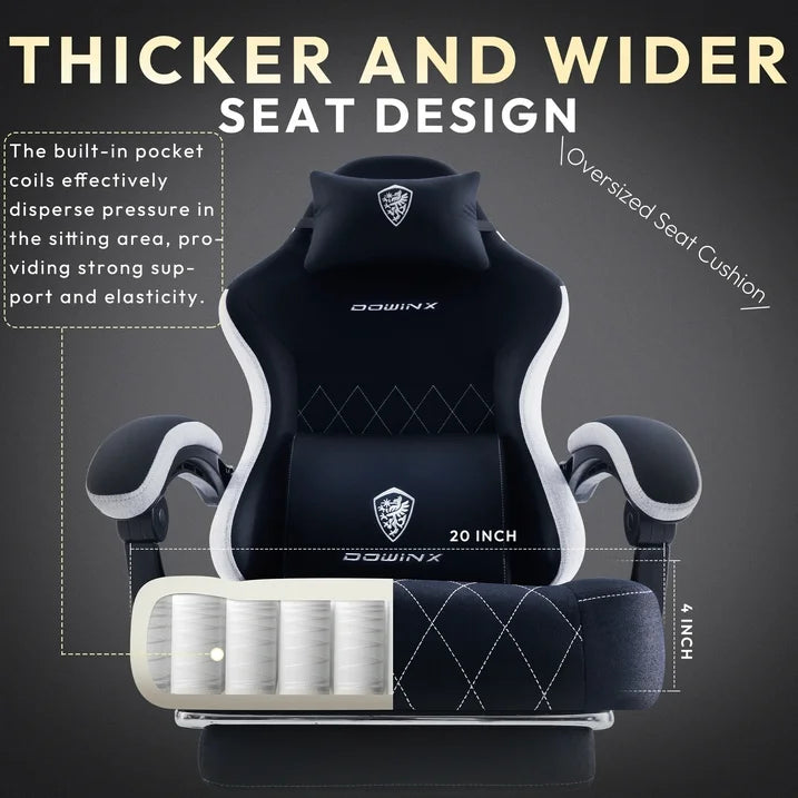 ?Dowinx Fabric Gaming Chair with Pocket Spring Cushion High Back Ergonomic Office Chair, Adjustable Footrest & Lumbar Support, 300lbs Capacity, Black
