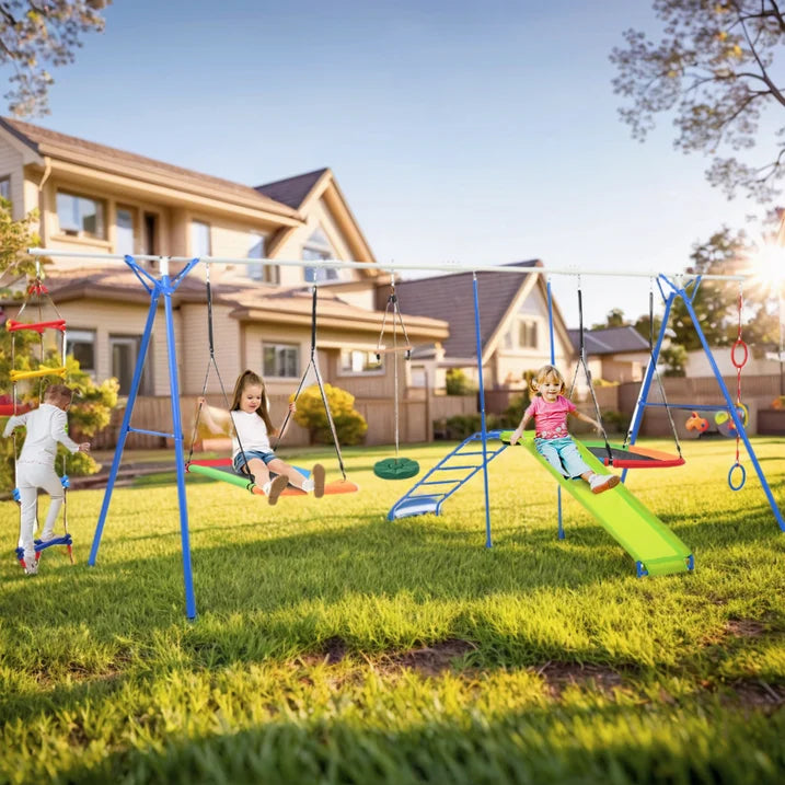 6 in 1 Swing Sets for Outside, SHINPT Playground Sets for Backyard with Climbing Rope Ladder, Disc Swing, Monkey Bar Swing, Slide and Climbing, Saucer Swing, Multifunctional Playset for Age 3 10