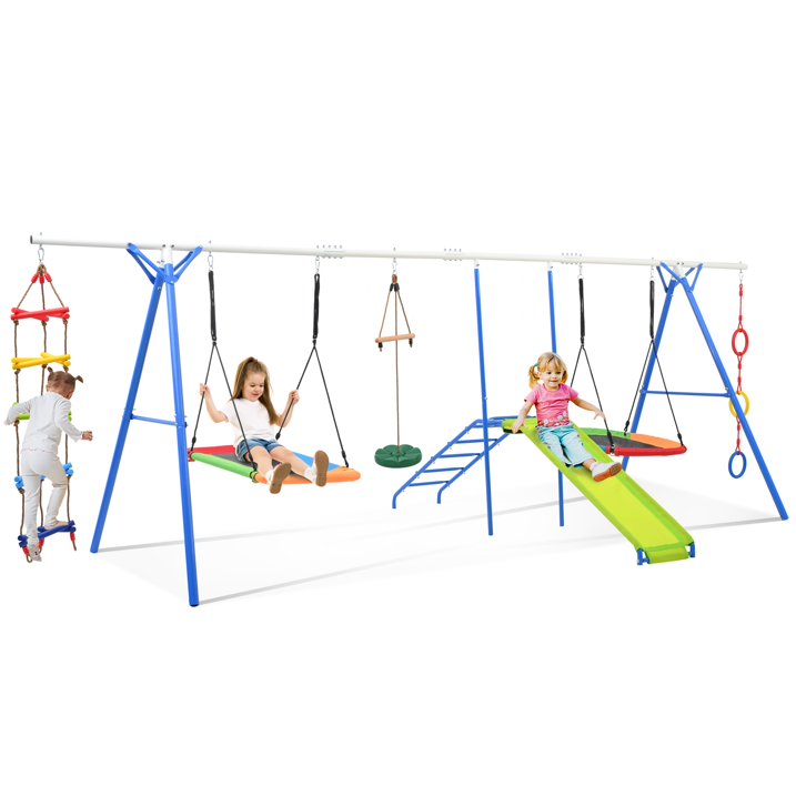 6 in 1 Swing Sets for Outside, SHINPT Playground Sets for Backyard, Outdoor Swing Set with Climbing Rope Ladder, Toddler Swing Sets with Disc Swing, Multifunctional Playset for Ages 3 10