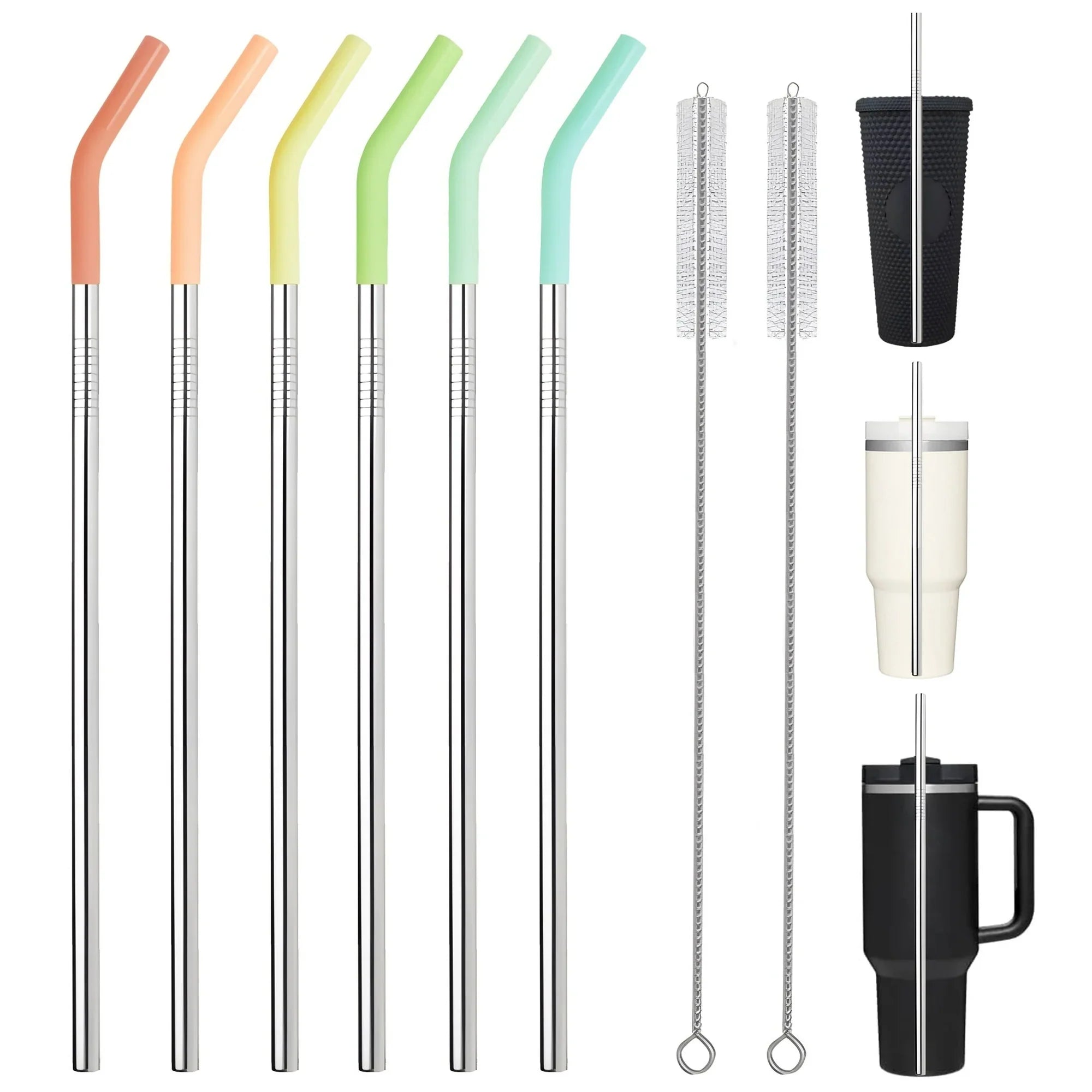 6PCS Reusable Metal/Stainless Steel Straws with Silicone Tip and Cleaning Brush(11.8 0.31,Silver)