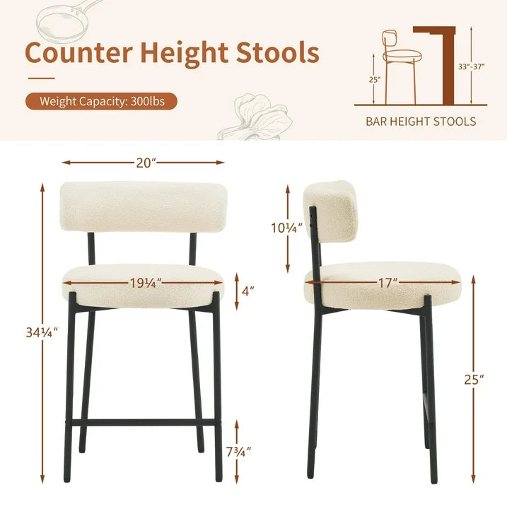 25 H Counter Height Bar Stools, Bar Stools Set of 2 with 4 Thick Round Seat, Kitchen Counter with Curved Back for Dining Room Kitchen Island, Ivory White