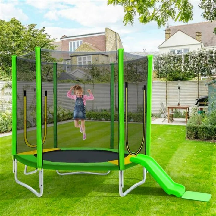 7 FT Trampoline for Kids Age3 12, SHINPT Round Recreational Trampolines with Safety Enclosure Net, Mini Outdoor Trampoline with Slide and Ladder, Easy Assembly, Outdoor, Indoor