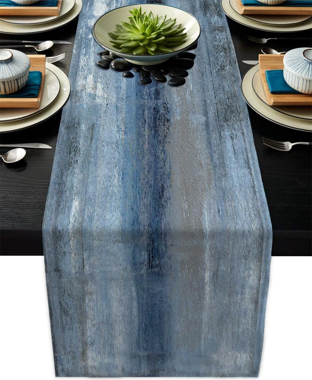Blue Grey Table Runners Modern Art Farmhouse Linen Table Runners Dresser Scarves Retro Rustic Style for Party Kitchen Dining Table Coffee Holiday Party Decor