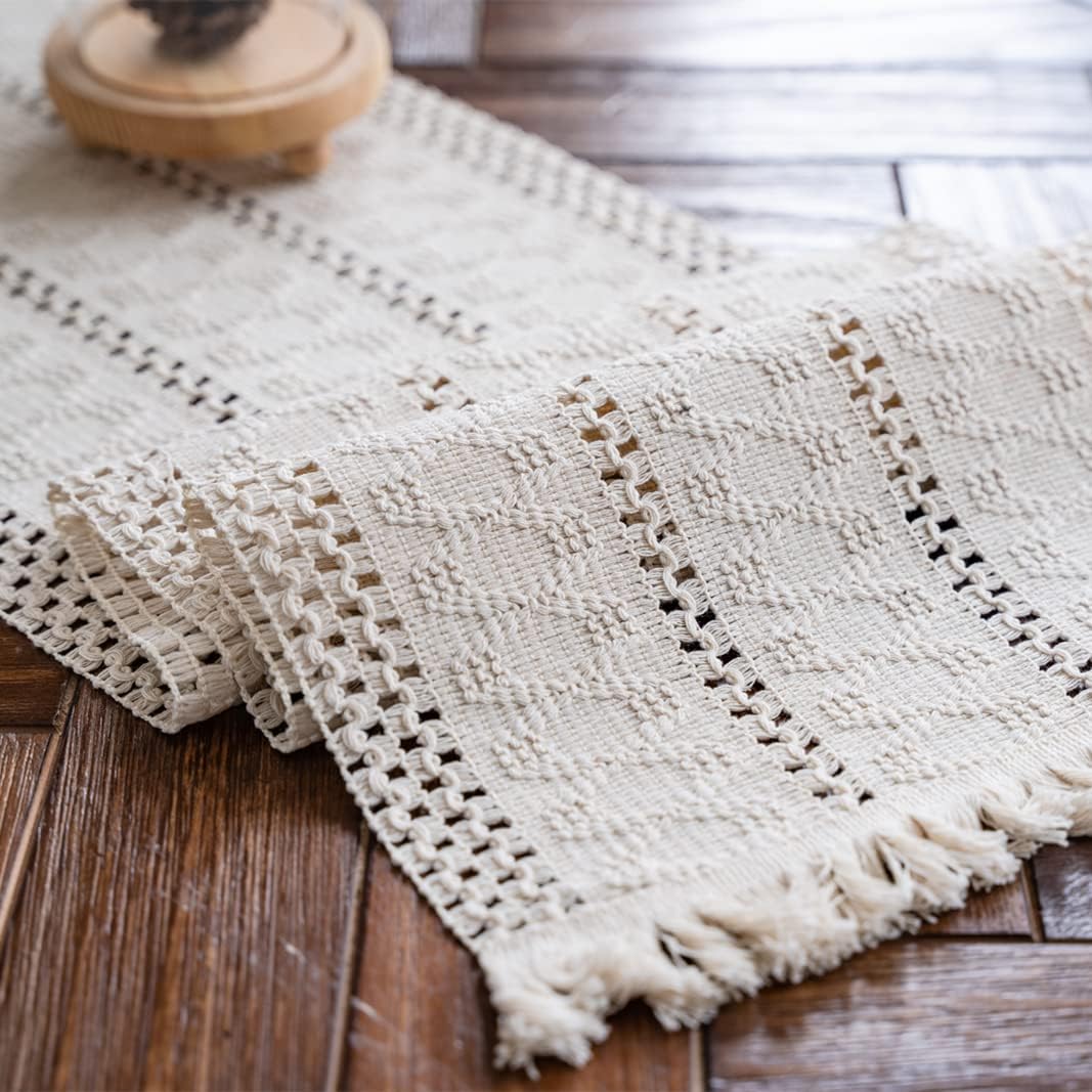 Table Runner Cream Beige Boho Table Runners with Tassels Hand Woven Cotton Table Runner Rustic Farmhouse Table Runners for Bohemian Kitchen Dining Table