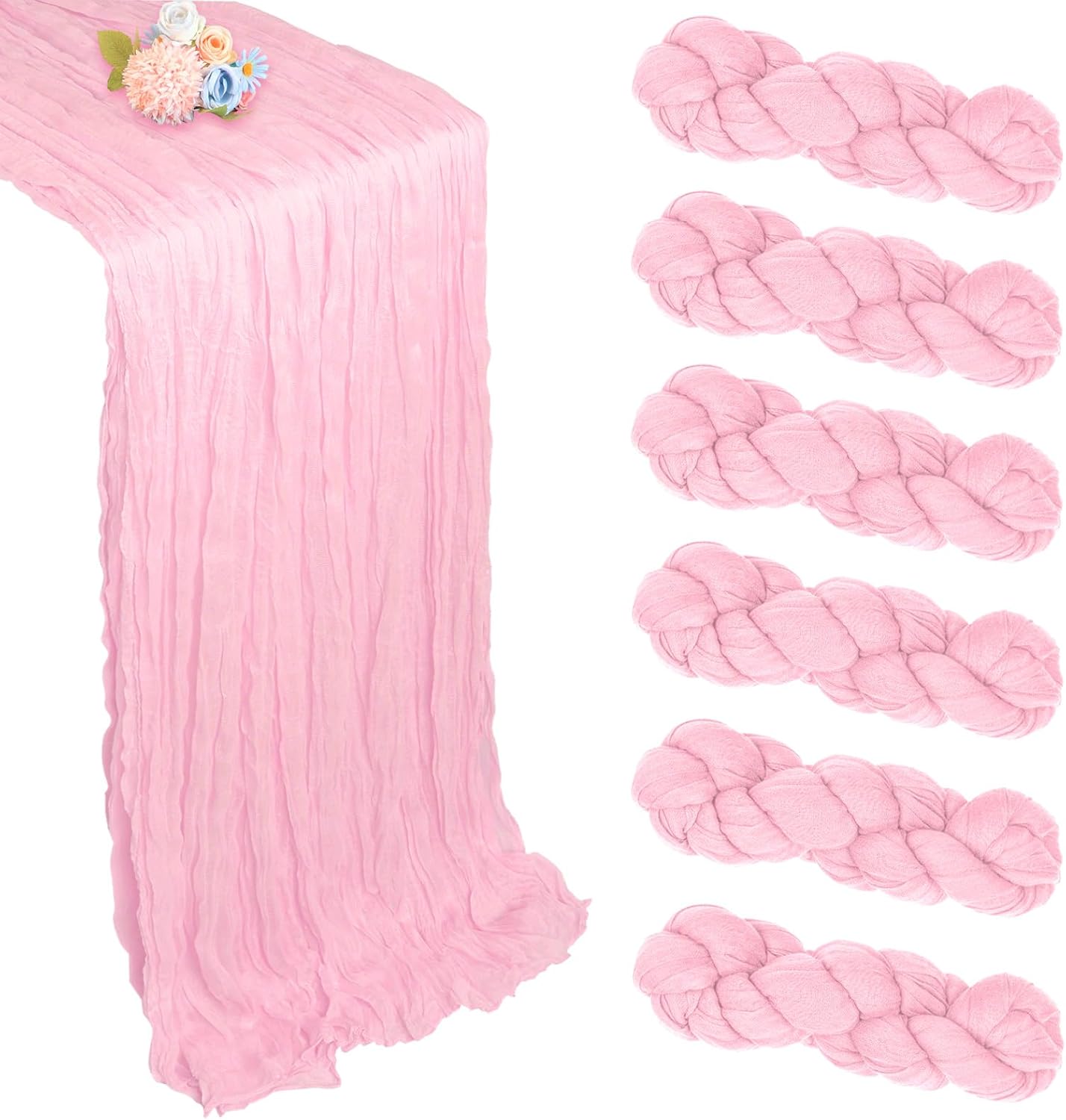 6 Pack Pink Valentine's Day Table Runner 10ft Boho Gauze Fabric Cheesecloth Table Runner 35 x 120 Inch Rustic Sheer Runner for Romantic Wedding Centerpiece Decor Baby Shower Party Table Decoration