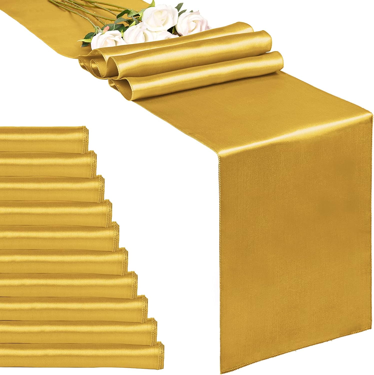 10-Pack Gold 12 x 108 inches Long Premium Satin Table Runner for Wedding, Decorations for Birthday Parties, Banquets, Graduations, Engagements, Table Runners fit Rectange and Round Table