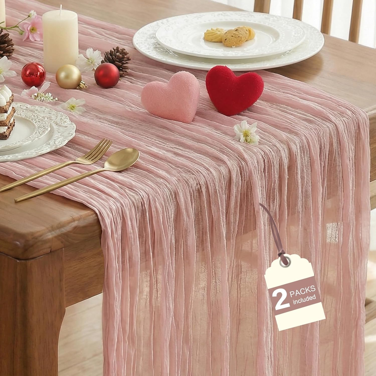 2 Pcs Cheesecloth Table Runner - 10ft Dusty Pink Boho Gauze Cheese Cloth Table Runners for Baby Shower Decoration Wedding Party Summer Garden Decor Valentines Day Decorations