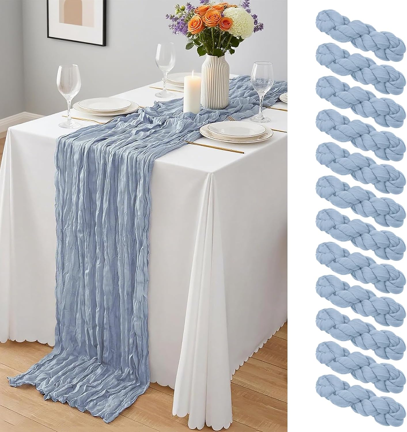 12 Pack Dusty Blue Cheesecloth Table Runner 10Ft, Gauze Table Runners 21.5 x 120 inch,Semi Sheer Cheese Cloth Fabric Runner Bulk for Wedding,Party,Baby Shower,Bridal Shower