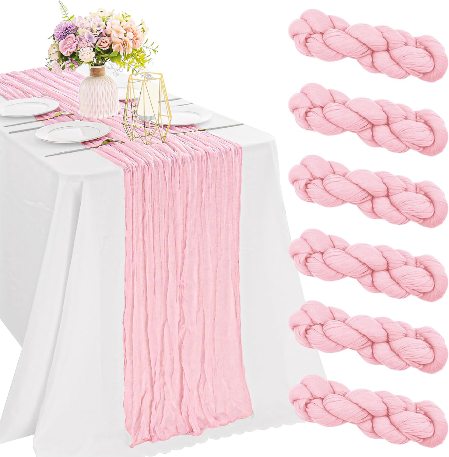 6 Pieces Pink Valentine's Day 10FT Cheesecloth Table Runner Boho Gauze Fabric Table Runner Rustic Sheer Runner for Wedding Birthday Baby Shower Party Boho Table Decoration