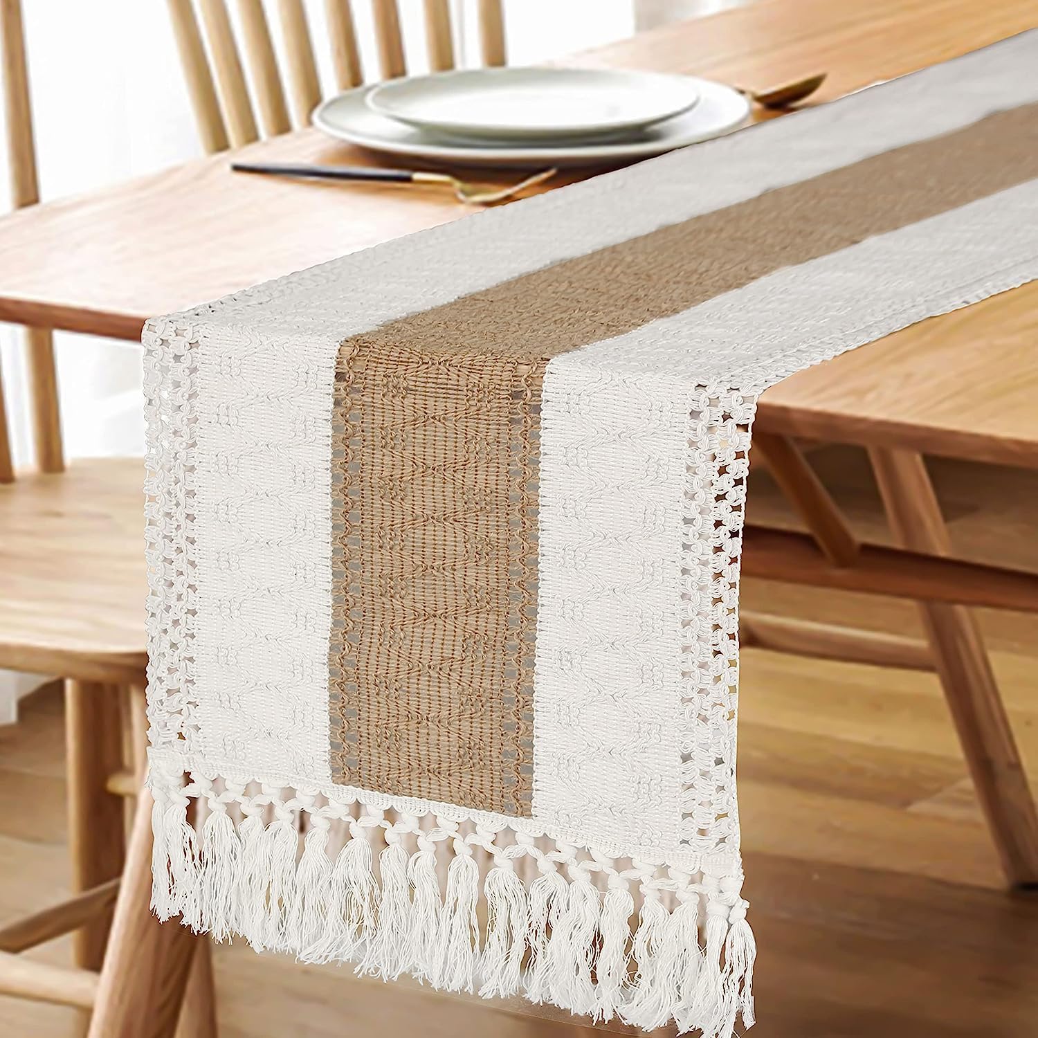 Table Runner for Thanksgiving Fall Christmas Home Decor with Tassels 72 Inches Long Pottery barn Furniture Farmhouse Rustic Macrame Burlap Table Decoration for Living Room