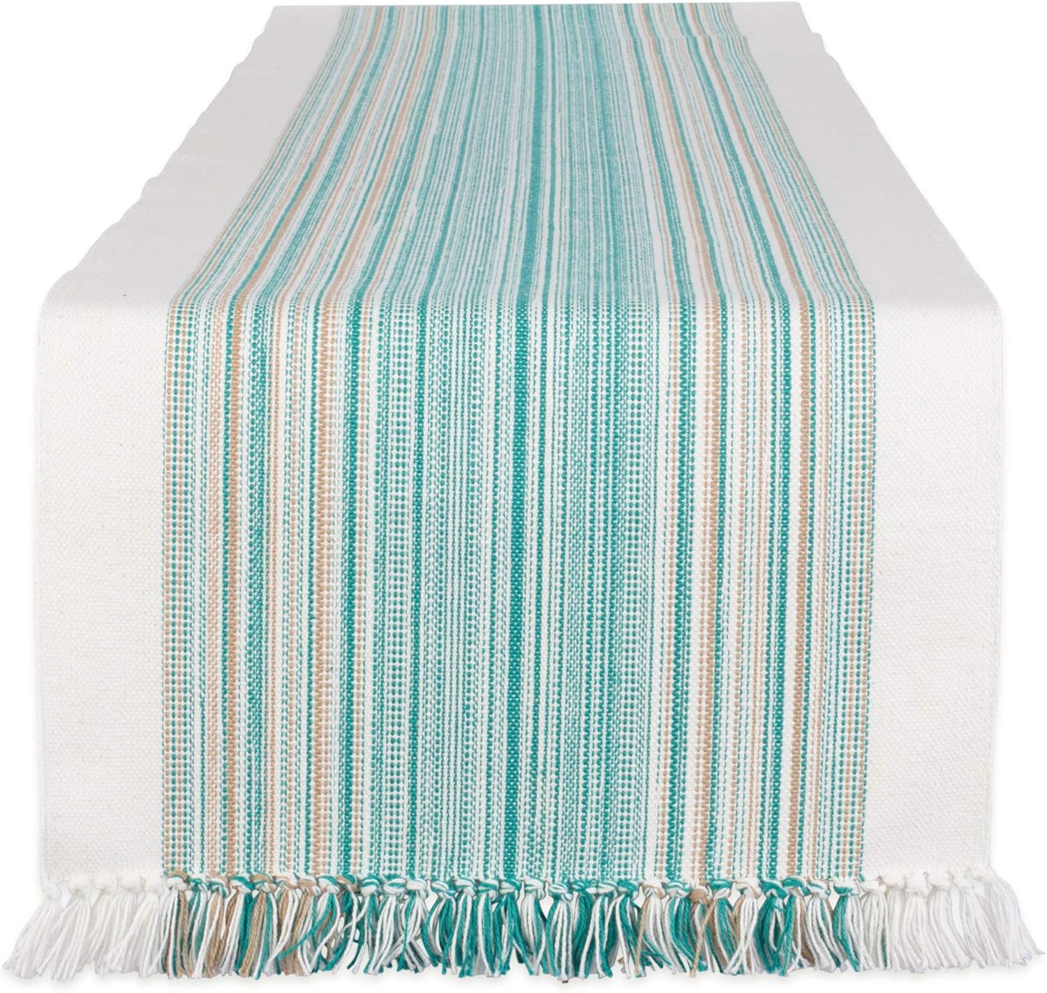 Everyday Collection Fringed Stripe Tabletop, Table Runner, 14x72, Teal