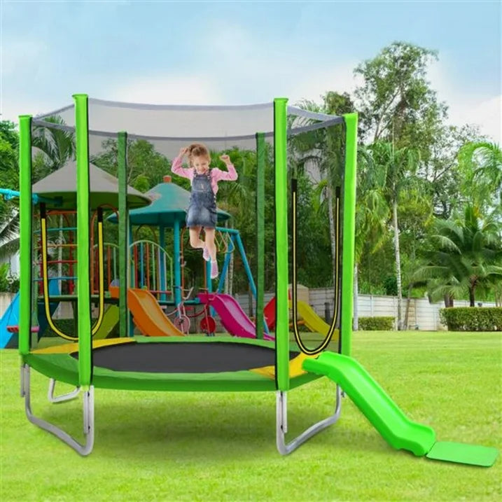 7 FT Trampoline for Kids Age3 12, SHINPT Round Recreational Trampolines with Safety Enclosure Net, Mini Outdoor Trampoline with Slide and Ladder, Easy Assembly, Outdoor, Indoor