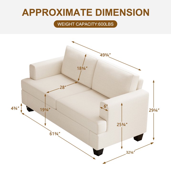 61.75  Comfy Sofa Couch, Modern Upholstered 2 Seater Couch for Living Room, Linen Love Seat Sofa with Wide Armrests and Deep Seats, Beige