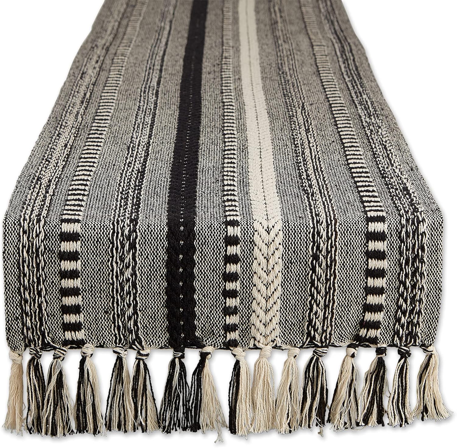 Farmhouse Braided Stripe Table Runner Collection, 15x108 (15x113, Fringe Included), Black
