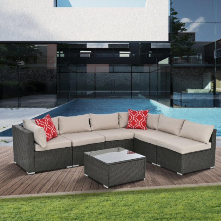 7 Piece Outdoor Patio Furniture Set, All Weather Rattan Patio Furniture Set with Glass Table and Ottoman, Wicker Patio Furniture Sectional Set for Garden Patio Balcony Porch Backyard, Dark Gray