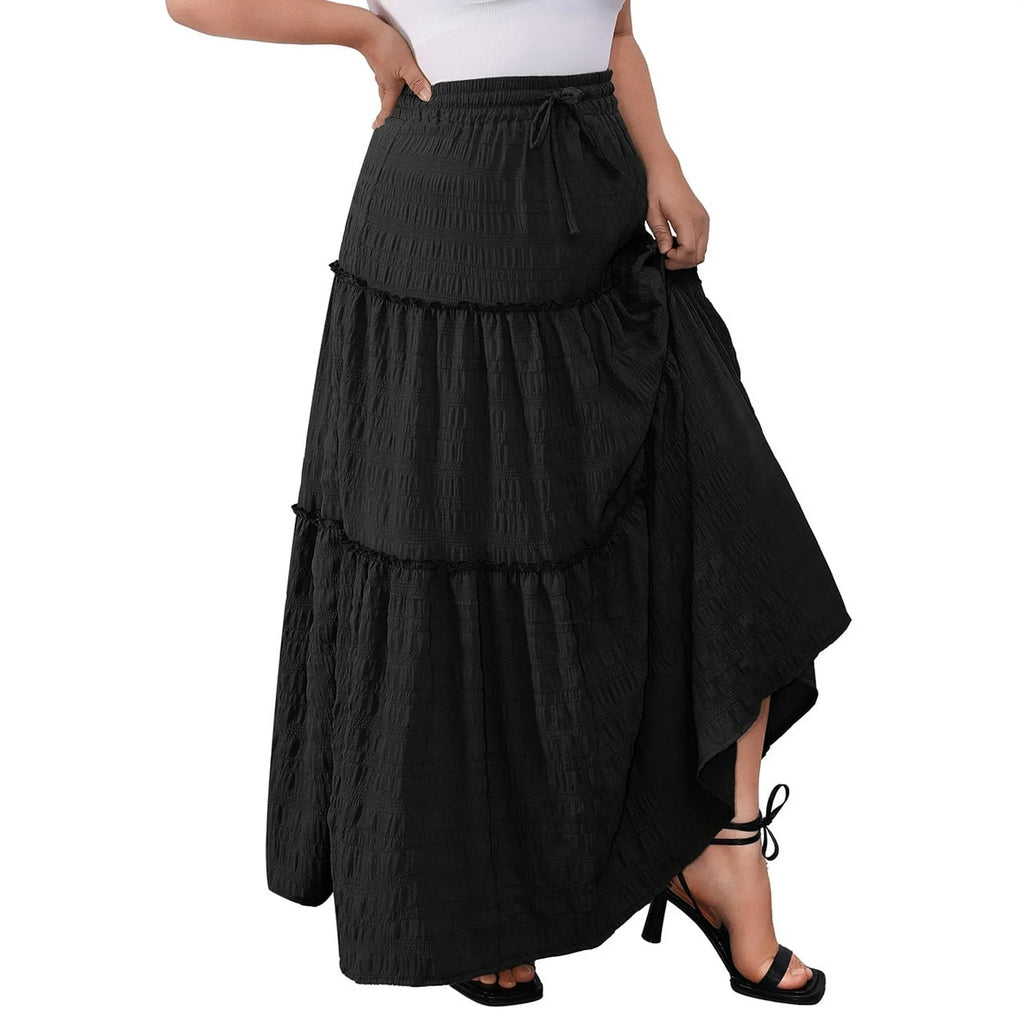 a.Jesdani Women Plus size Long Maxi Skirts Elastic High Waist A Line Ruffle Swing Beach Maxi Skirt L 4x