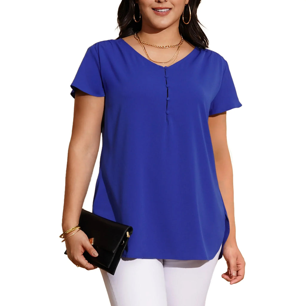 a.Jesdani Women¡¯s Plus Size V-Neck Blouse Casual Flowy Flutter Sleeve Tops with Button for Curvy Women M 4X