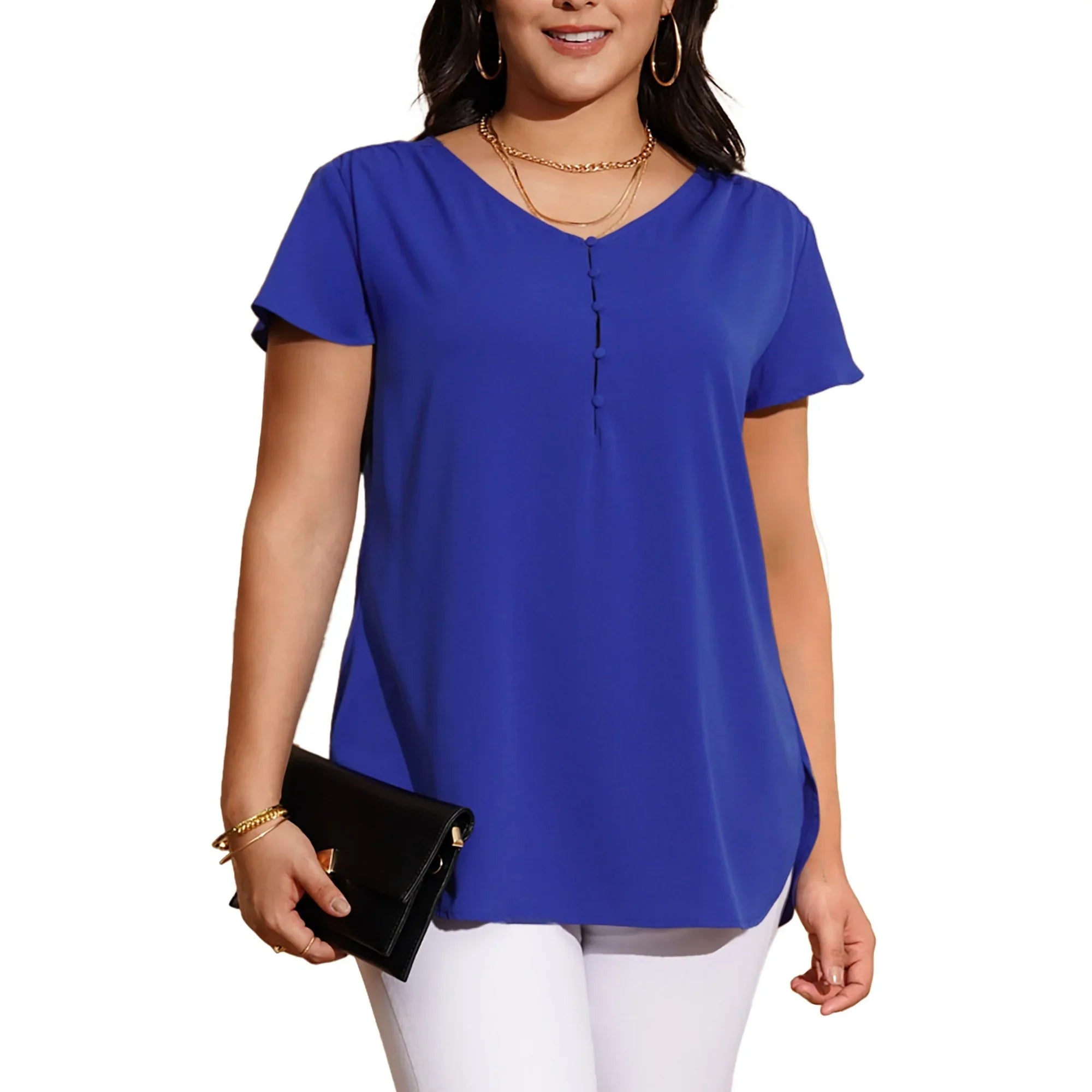 a.Jesdani Women¡¯s Plus Size V-Neck Blouse Casual Flowy Flutter Sleeve Tops with Button for Curvy Women M 4X