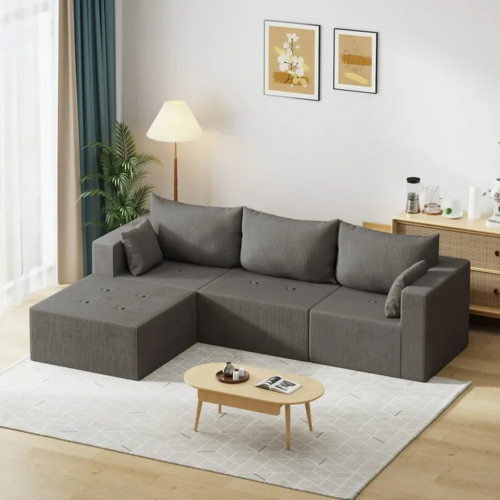 104  Modular Sectional Sofa, L Shape Sectional Sofa Couch with Deep Seat, Free Combination Corduroy Couches for Living Room, No Assembly Required, Grey