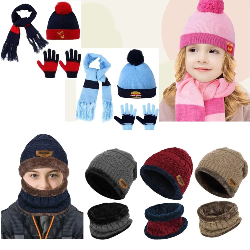 3 Pcs Kids Winter Hat Winter Scarf Winter Gloves Set, Boys Girls Knit Beanie Hat Scarf Gloves Set, Winter Warm Knitted Set with Fleece Lining for Autumn & Winter, Pink