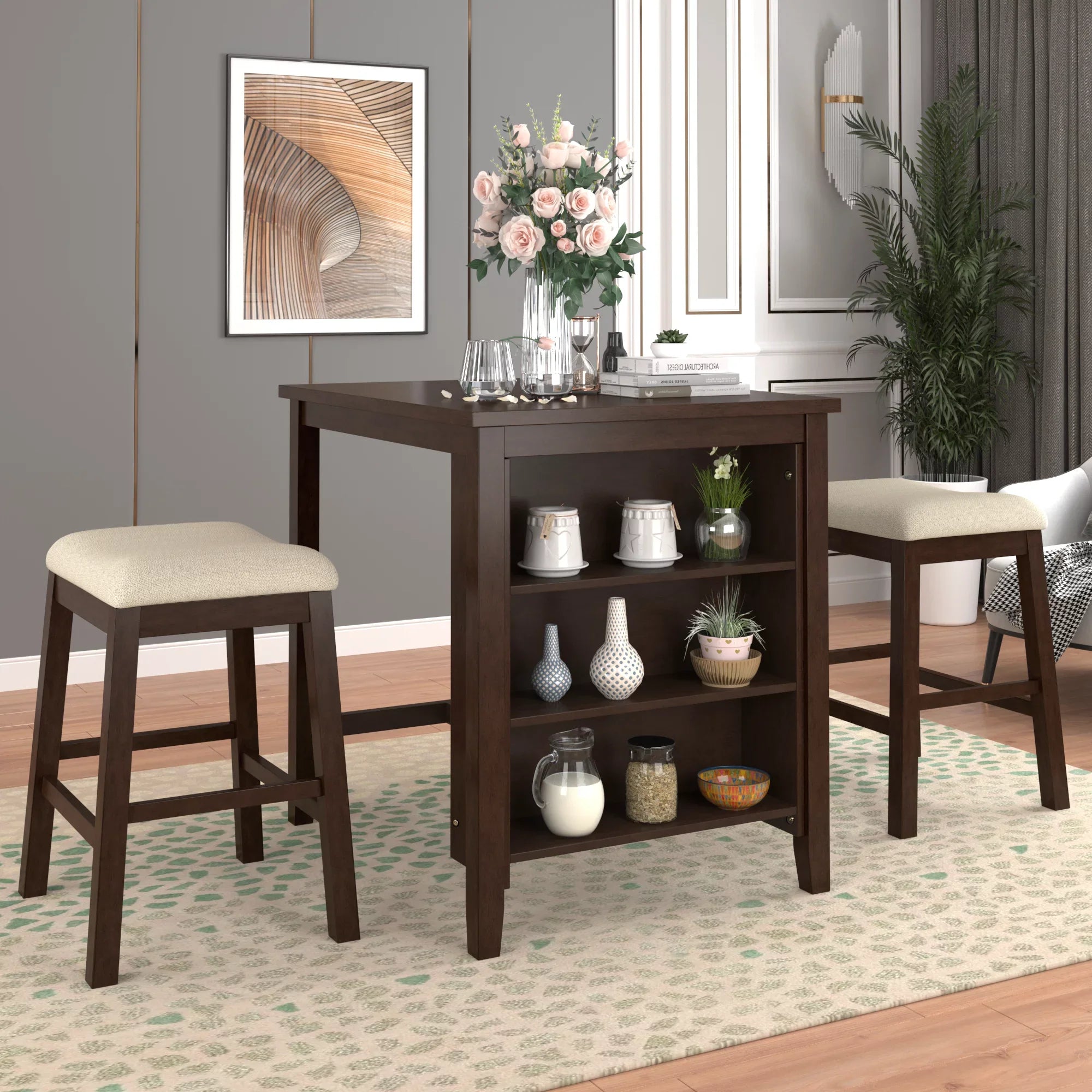 3 Piece 35.8" Dining Table with Padded Stools, Table Set with Storage Shelf,Brown