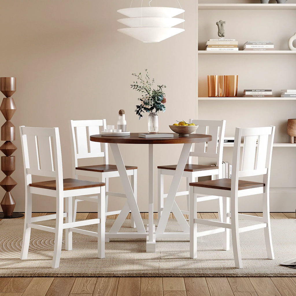 5-Piece 35.8" Dining Table Set Counter Height, Round Kitchen set with 4 Dining Chairs and Thick Tabletop, Brown