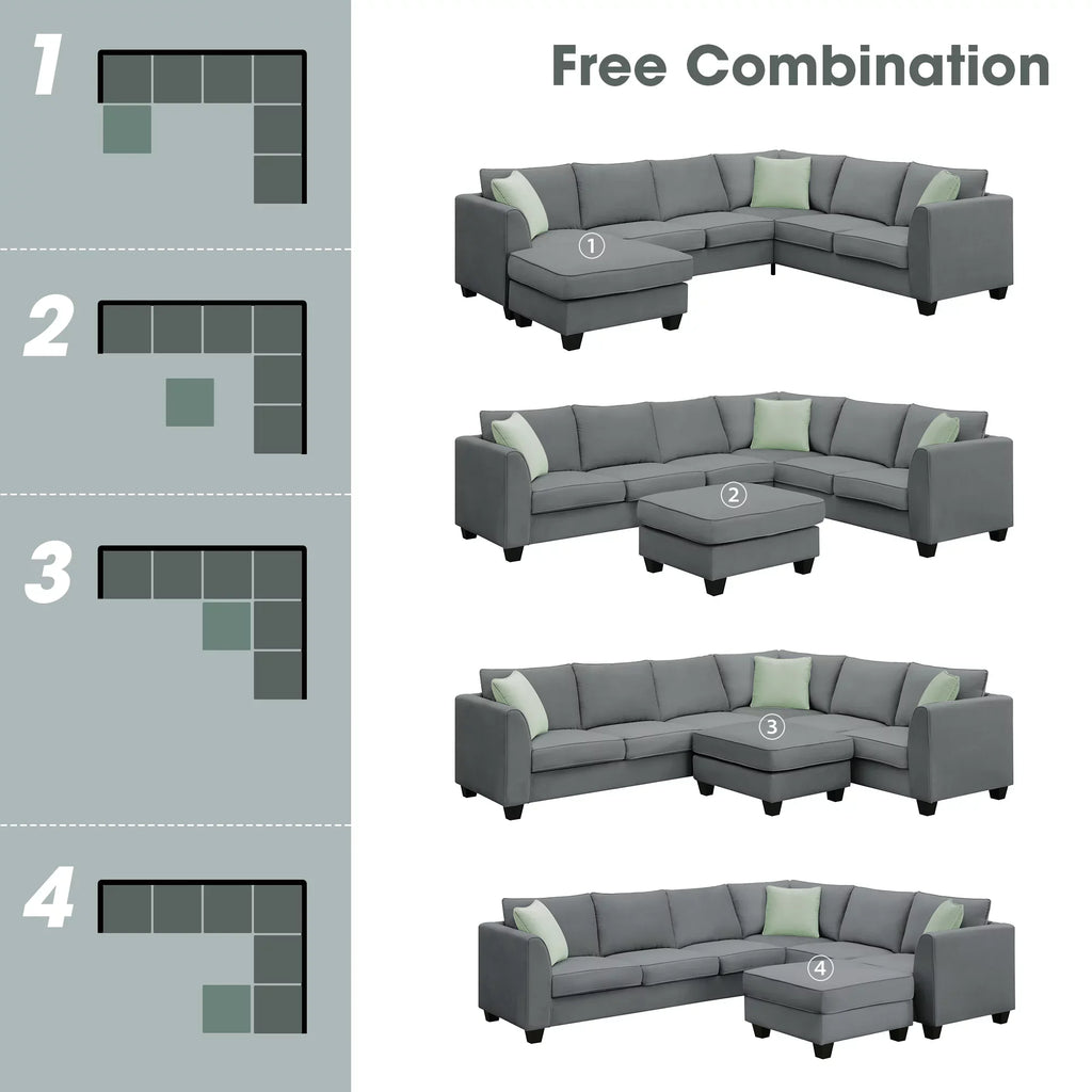 7 Seats Modular Sectional Sofa with Ottoman, L Shape Fabric Sofa Corner Couch Set Living Room Couches Sets with 3 Pillows, Gray, 112" x 87"