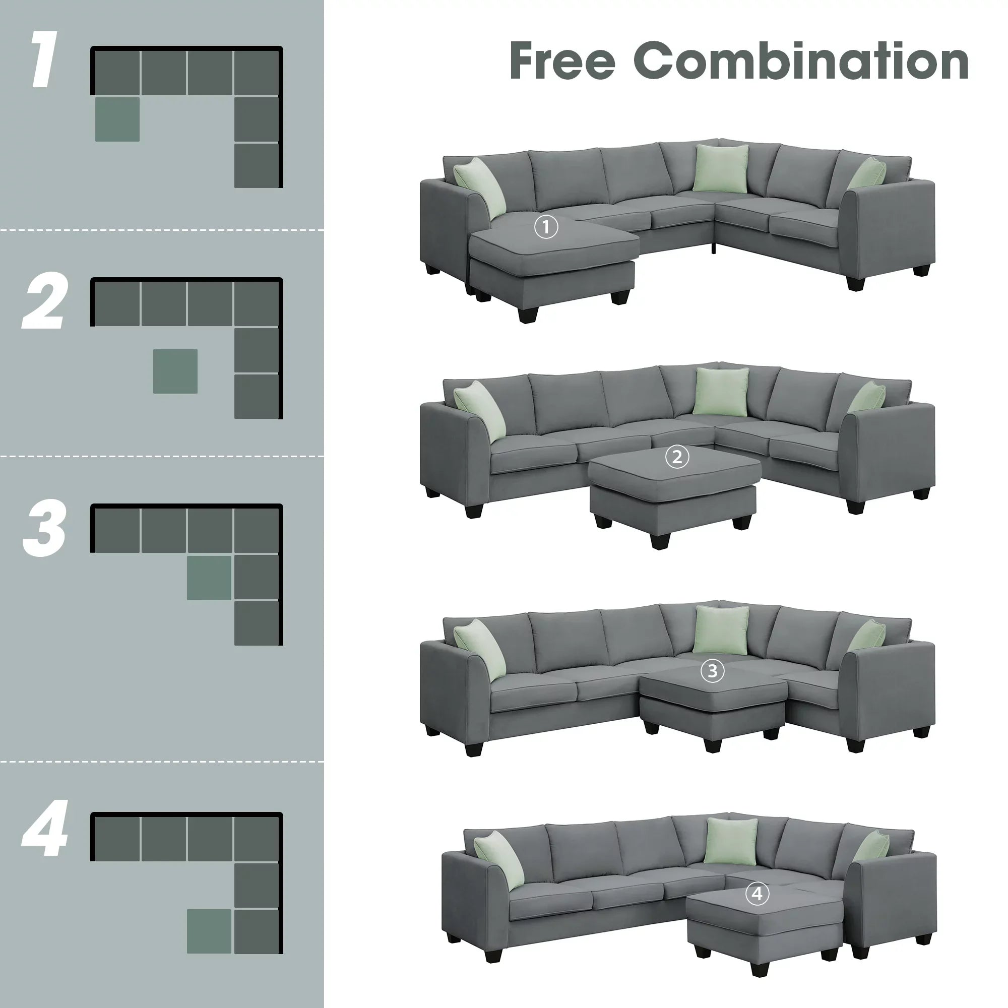 7 Seats Modular Sectional Sofa with Ottoman, L Shape Fabric Sofa Corner Couch Set Living Room Couches Sets with 3 Pillows, Gray, 112" x 87"