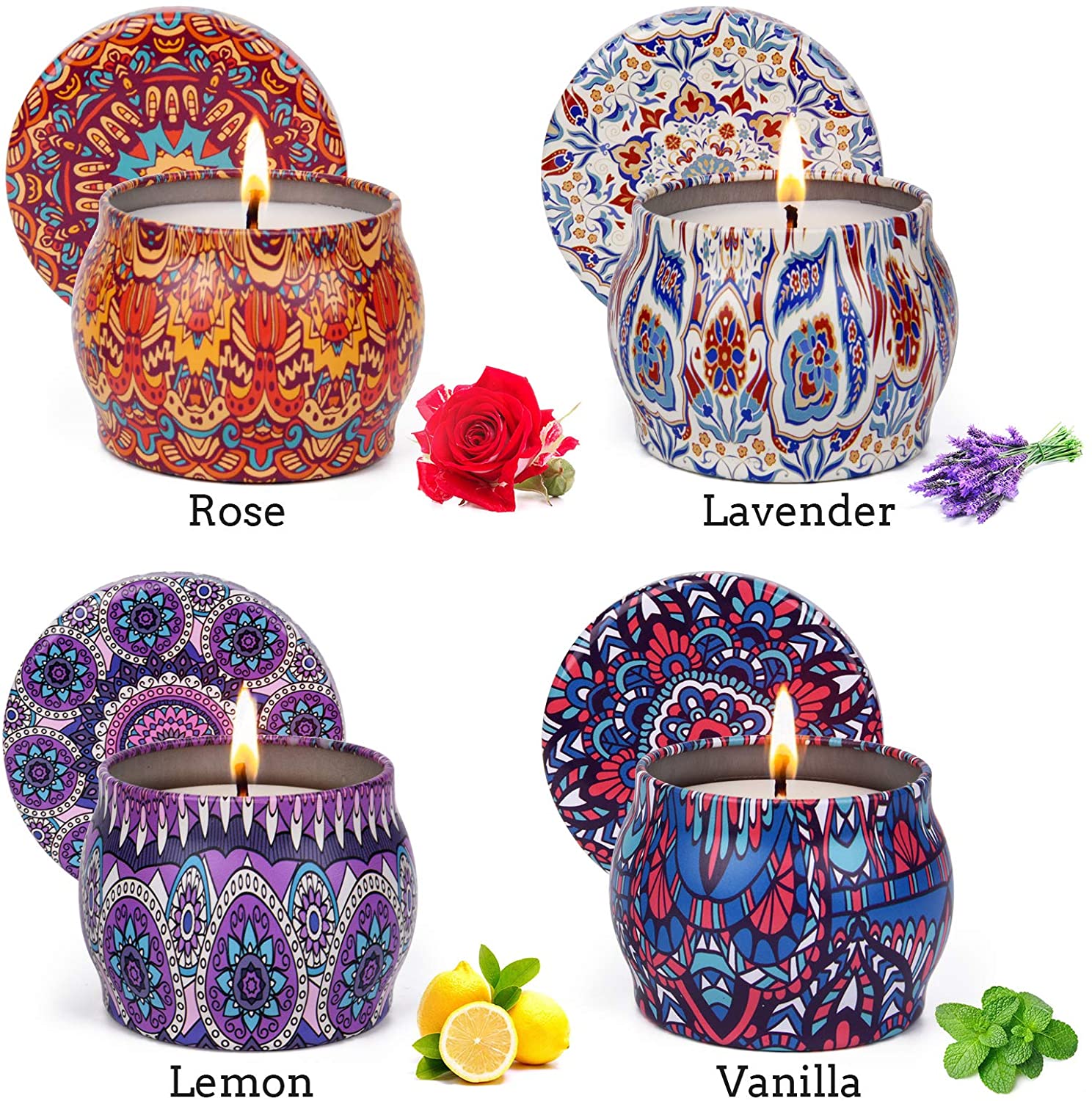 4 Pack Scented Candles Gift Set, 4.4 Oz Aromatherapy Candles Gift for Mom, 100% Natural Soy Wax Portable Candles, Stress Relief Gifts for Women, Ideal Gifts for Valentine‘s Day