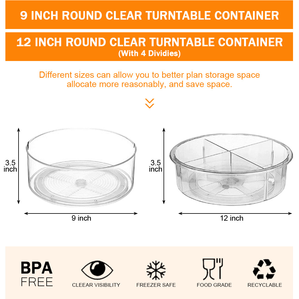 2 Pack Round Plastic Clear Rotating Turntable Organization & Storage Container Bins for Cabinet, Pantry, Fridge, Countertop, Kitchen, Vanity - Spinning Organizer for Spices, Condiments