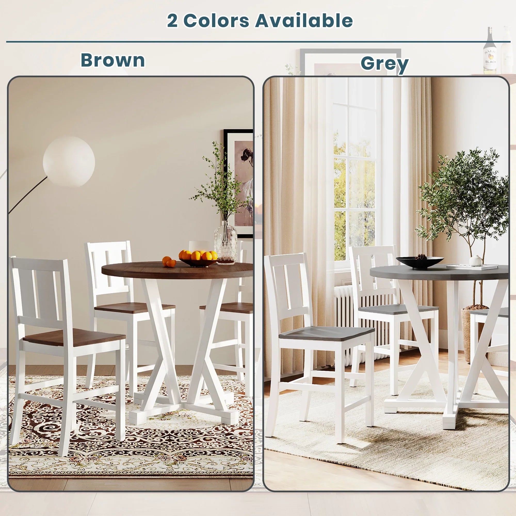 5-Piece 35.8" Dining Table Set Counter Height, Round Kitchen set with 4 Dining Chairs and Thick Tabletop, Brown