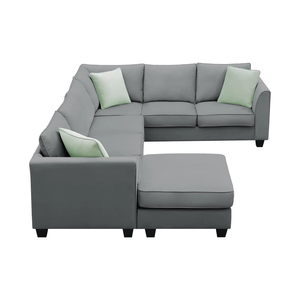 7 Seats Modular Sectional Sofa with Ottoman, L Shape Fabric Sofa Corner Couch Set Living Room Couches Sets with 3 Pillows, Gray, 112" x 87"