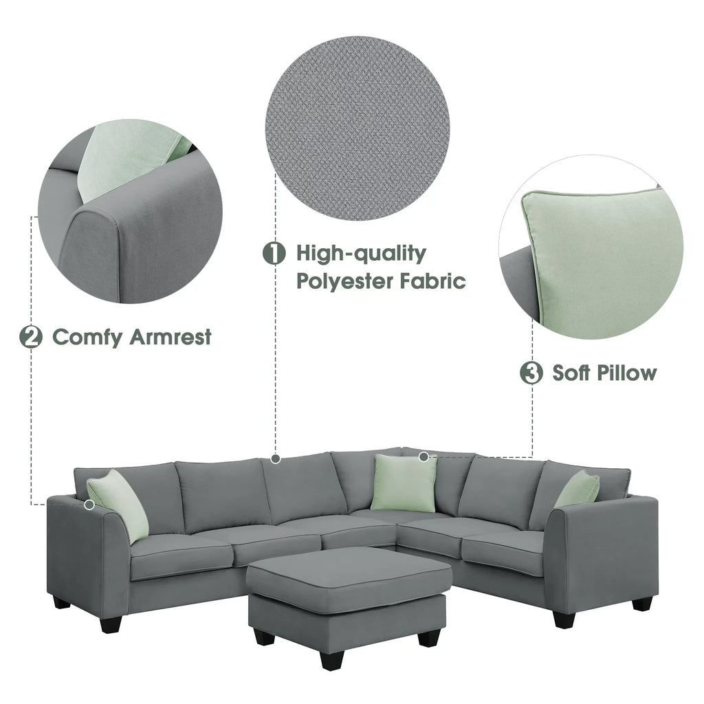 7 Seats Modular Sectional Sofa with Ottoman, L Shape Fabric Sofa Corner Couch Set Living Room Couches Sets with 3 Pillows, Gray, 112" x 87"