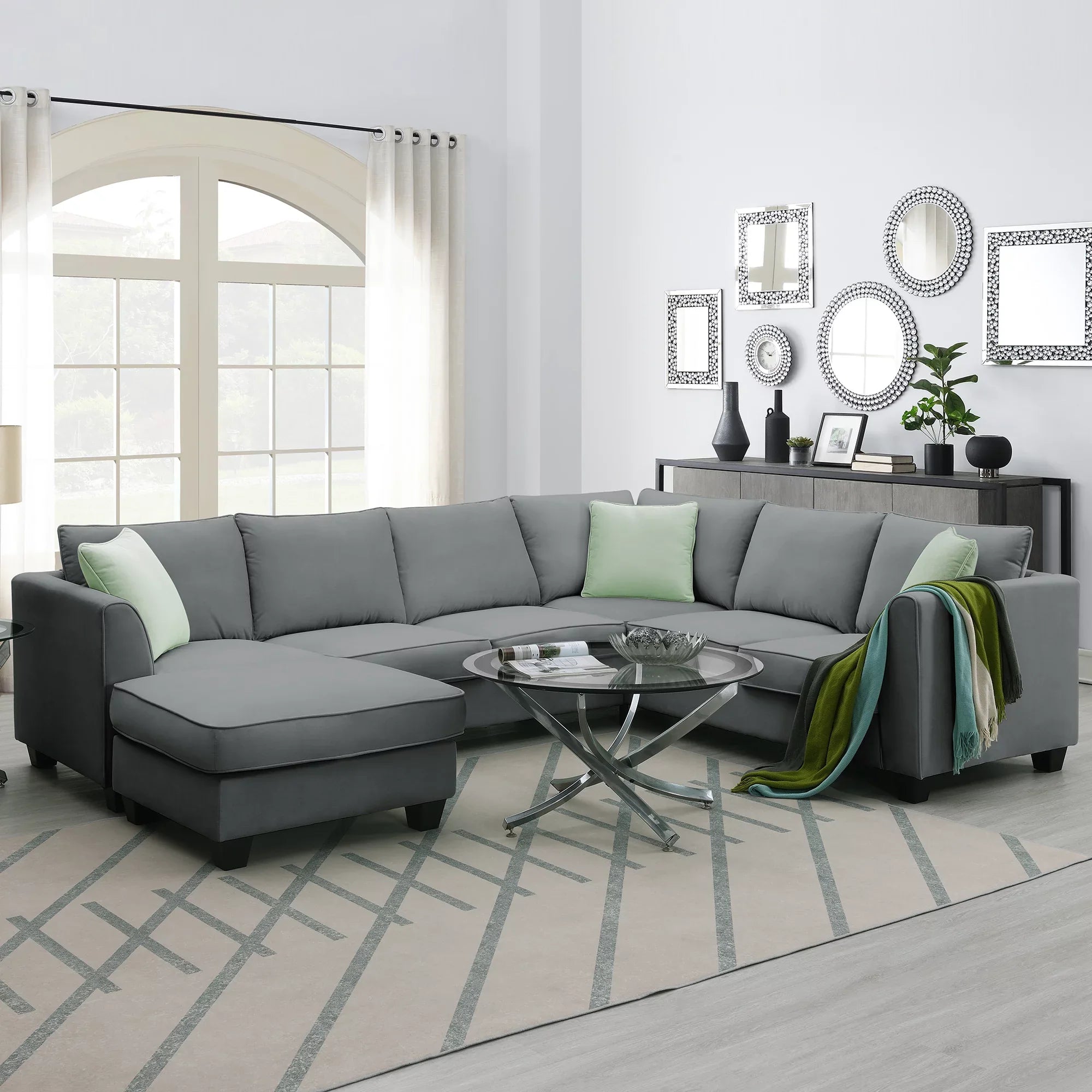 7 Seats Modular Sectional Sofa with Ottoman, L Shape Fabric Sofa Corner Couch Set Living Room Couches Sets with 3 Pillows, Gray, 112" x 87"