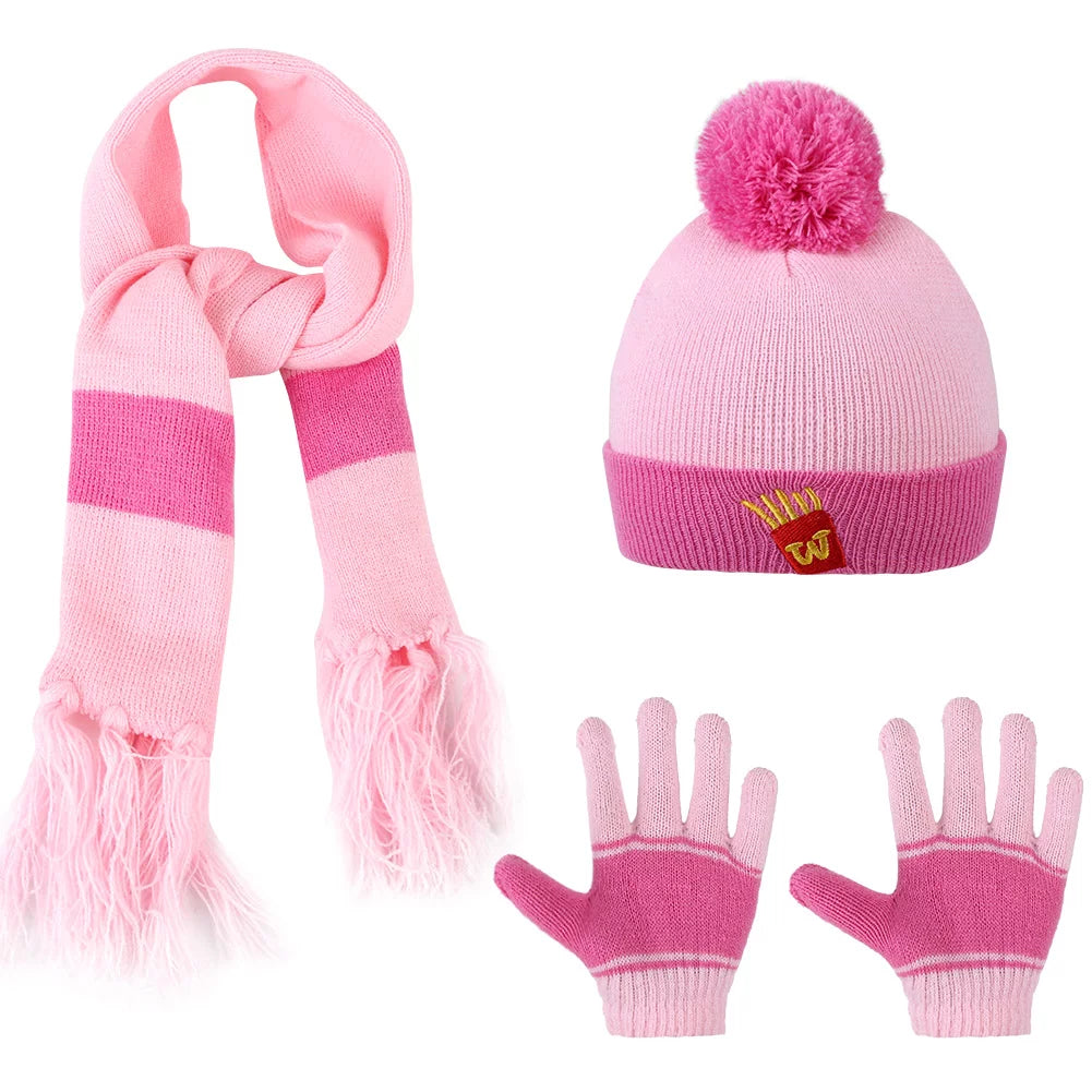 3 Pcs Kids Winter Hat Winter Scarf Winter Gloves Set, Boys Girls Knit Beanie Hat Scarf Gloves Set, Winter Warm Knitted Set with Fleece Lining for Autumn & Winter, Pink